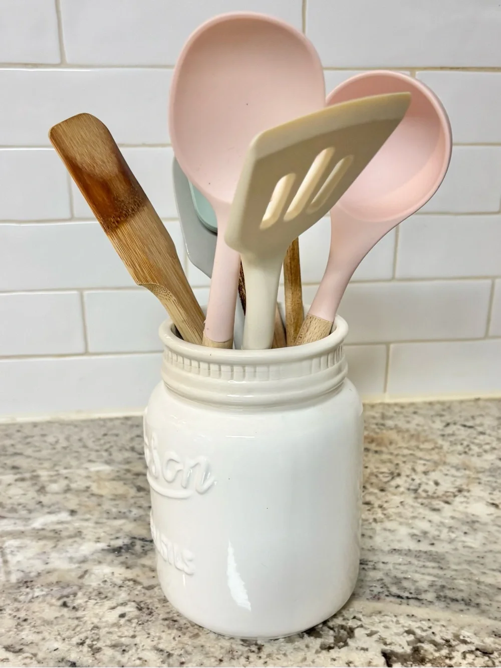 GoodsCircle Mason Utensils White Ceramic Utensil Crock Farmhouse Kitchen